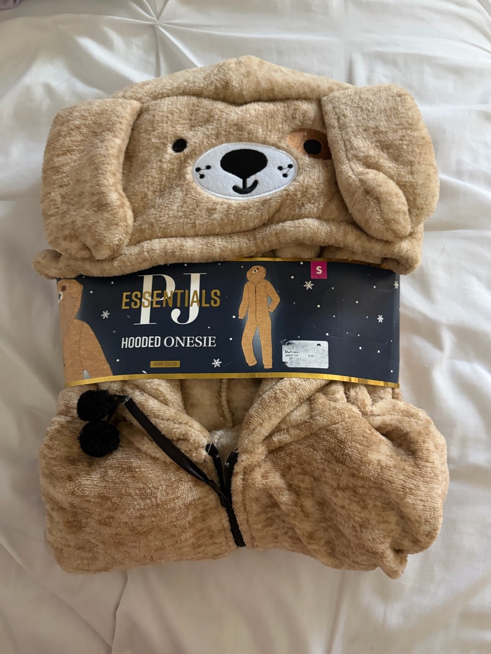 Essentials Beige Plush Hooded Dog Onesie with Dog Face
